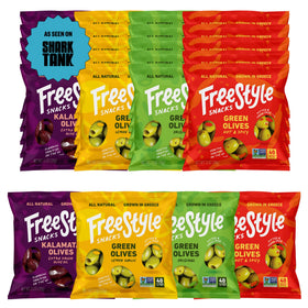 Freestyle Snacks original green olives in a portable pouch for on-the-go healthy snacking.