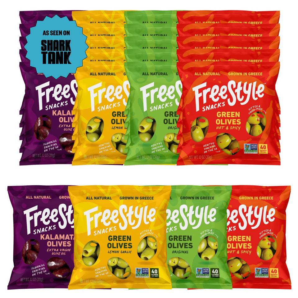 Freestyle Snacks original green olives in a portable pouch for on-the-go healthy snacking.