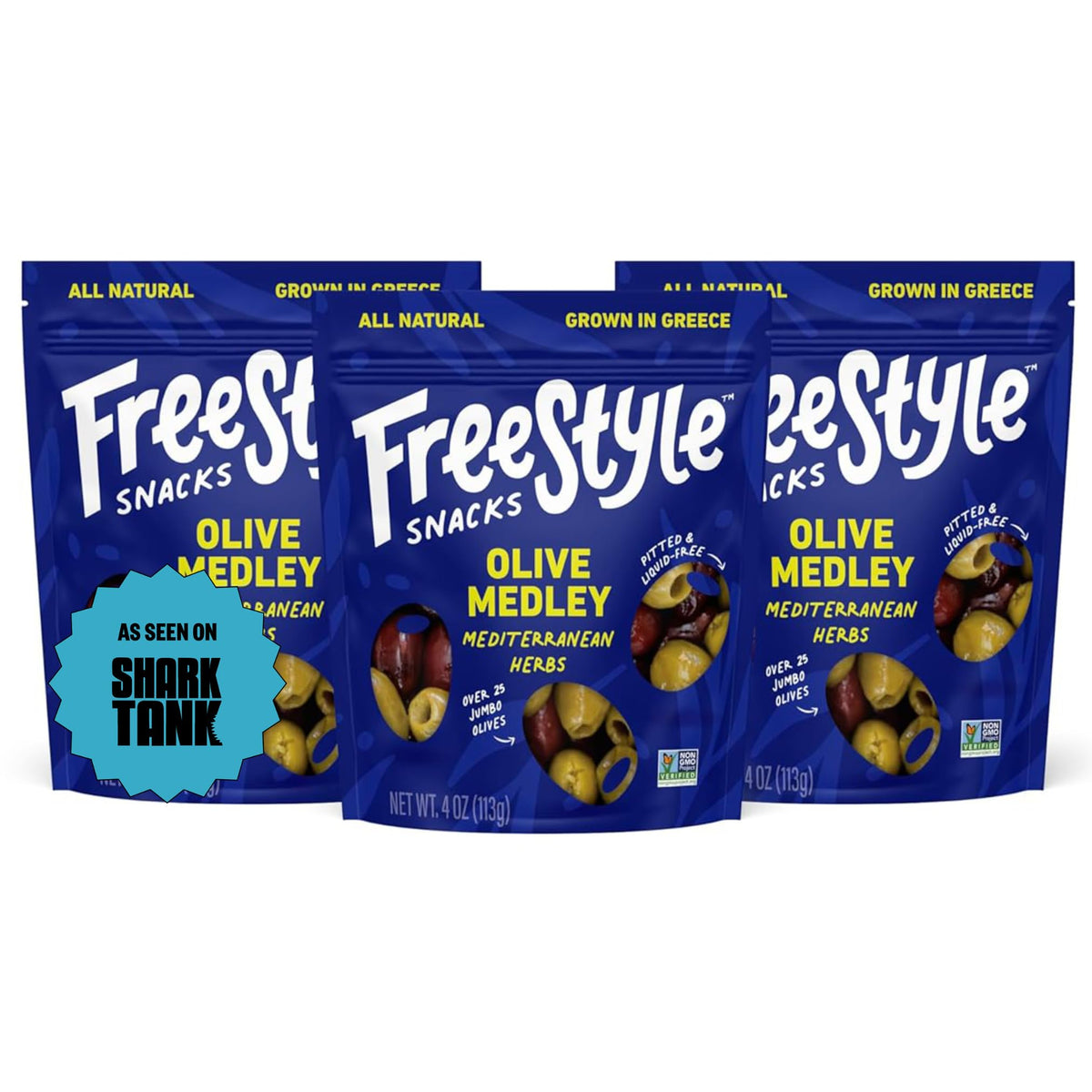 Freestyle Snacks Olive Snack Packs green Kalamata olives in a resealable pouch for on-the-go snacking.
