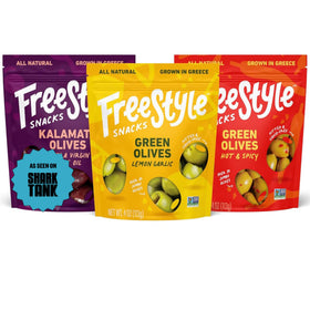 Freestyle Snacks olive snack packs with Kalamata olives, perfect for on-the-go snacking.