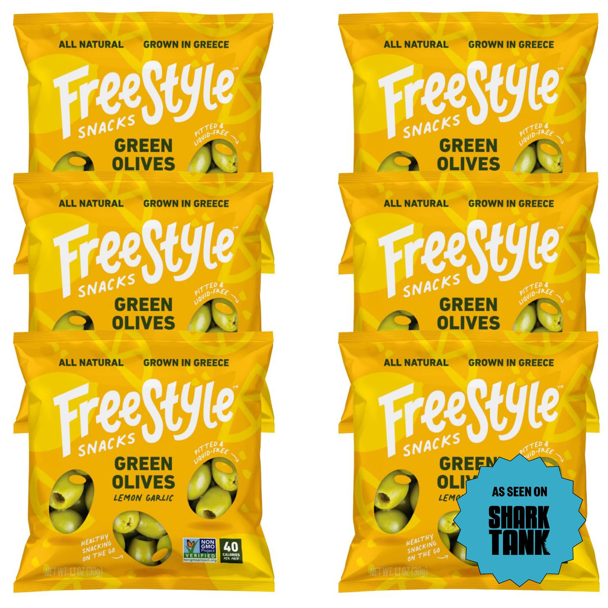 Freestyle Snacks lemon garlic olive packs, front view for on-the-go snacking
