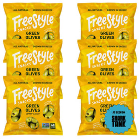 Freestyle Snacks lemon garlic olive packs, front view for on-the-go snacking