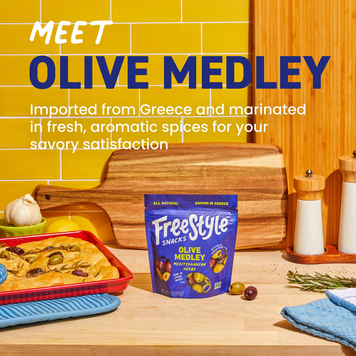 Freestyle Snacks Mediterranean Herb olives close-up highlights bold flavor and quality ingredients.