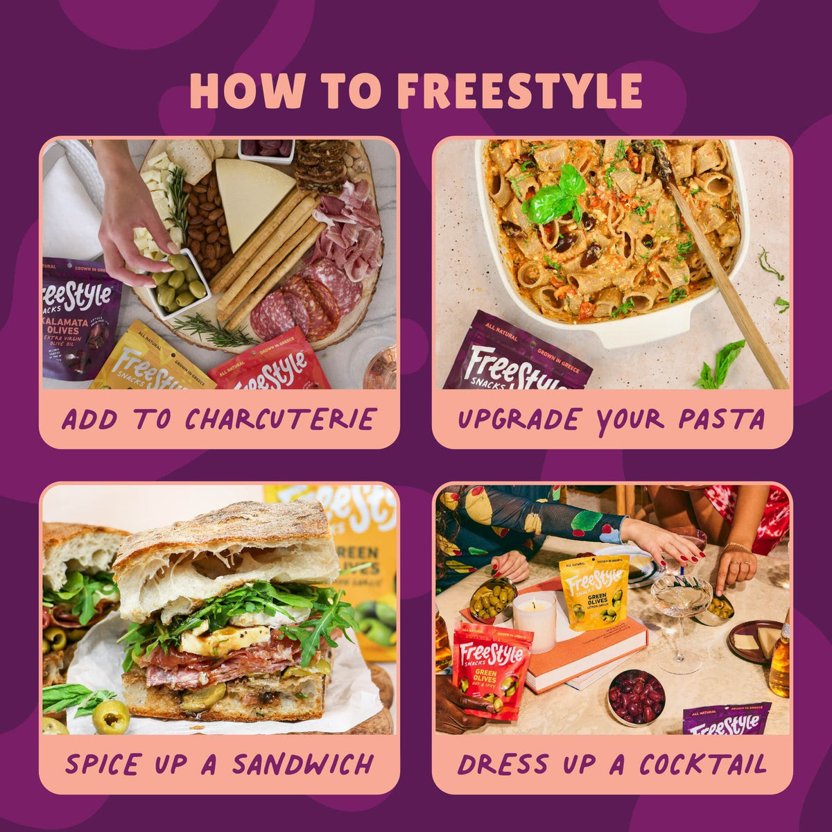 Freestyle Snacks olive snack packs to go, no liquid mess, easy to share.