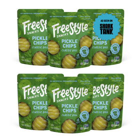 Freestyle Snacks pickle chips in classic dill, open pouch for quick snack