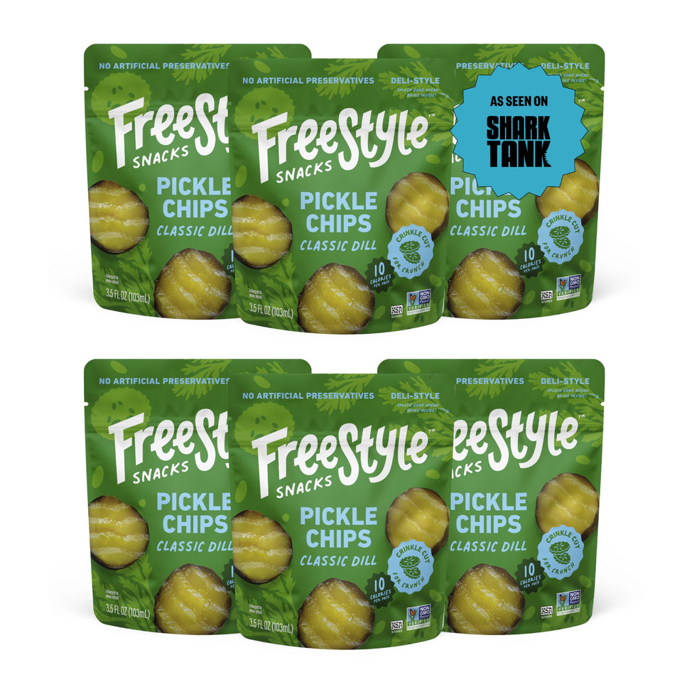 Freestyle Snacks pickle chips in classic dill, open pouch for quick snack