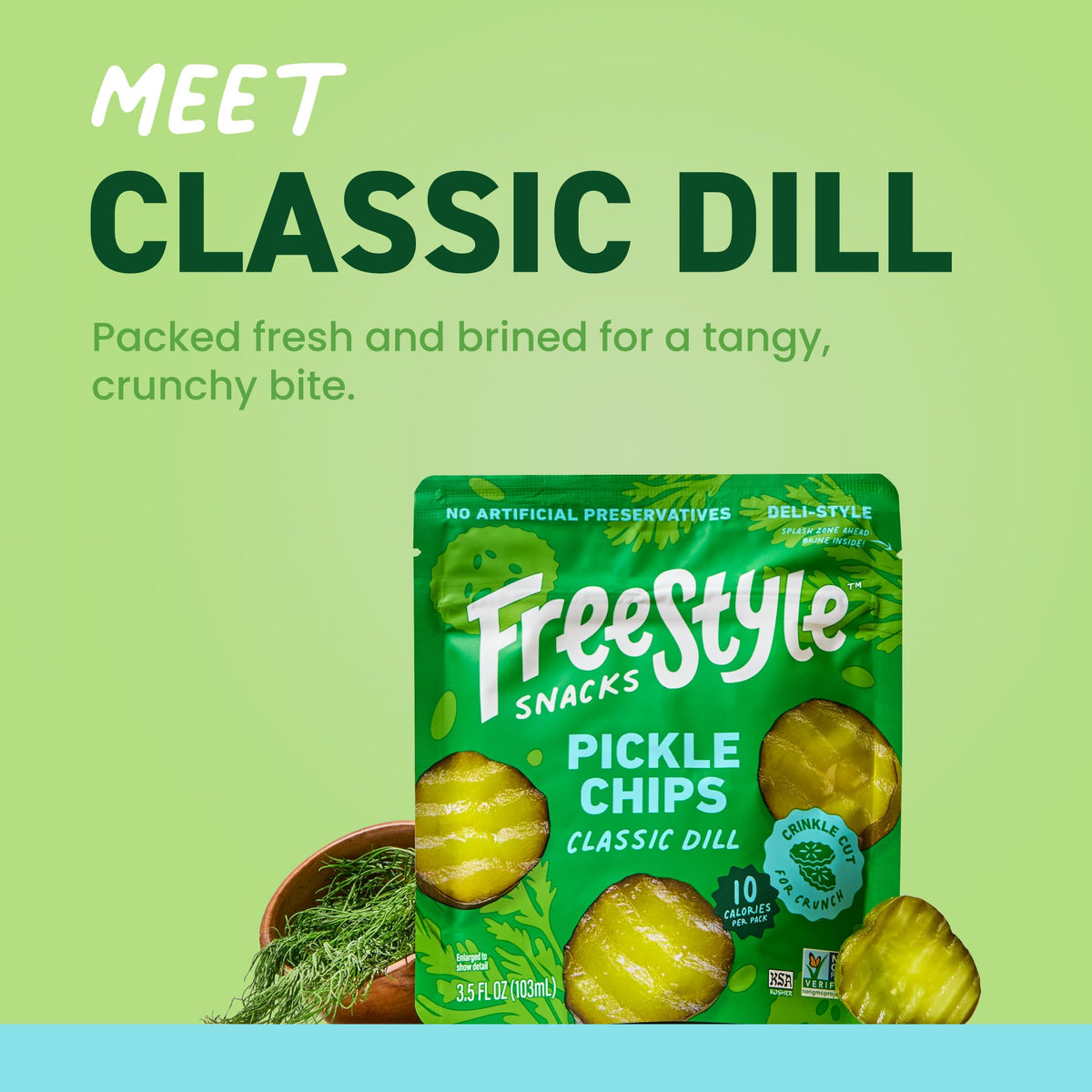 Freestyle Snacks pickle chips in resealable pouch preserving freshness