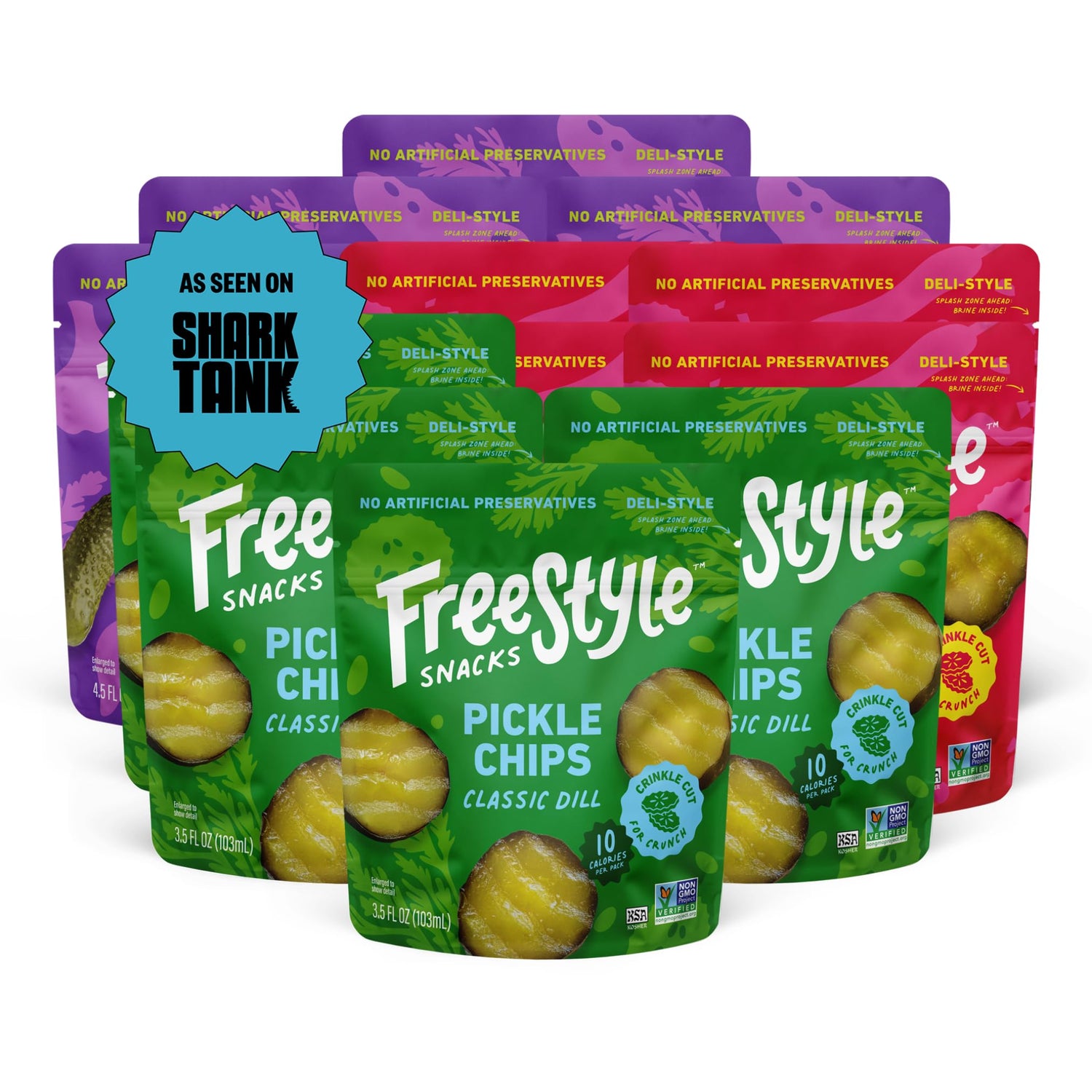 Freestyle Snacks pickle variety pack front displays three flavors for on-the-go snacking.
