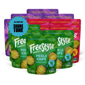Freestyle Snacks pickle variety pack front displays three flavors for on-the-go snacking.