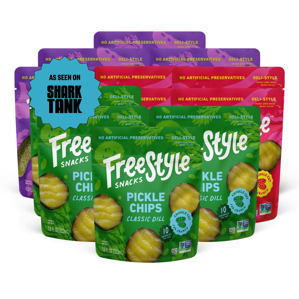 Freestyle Snacks pickle variety pack front displays three flavors for on-the-go snacking.