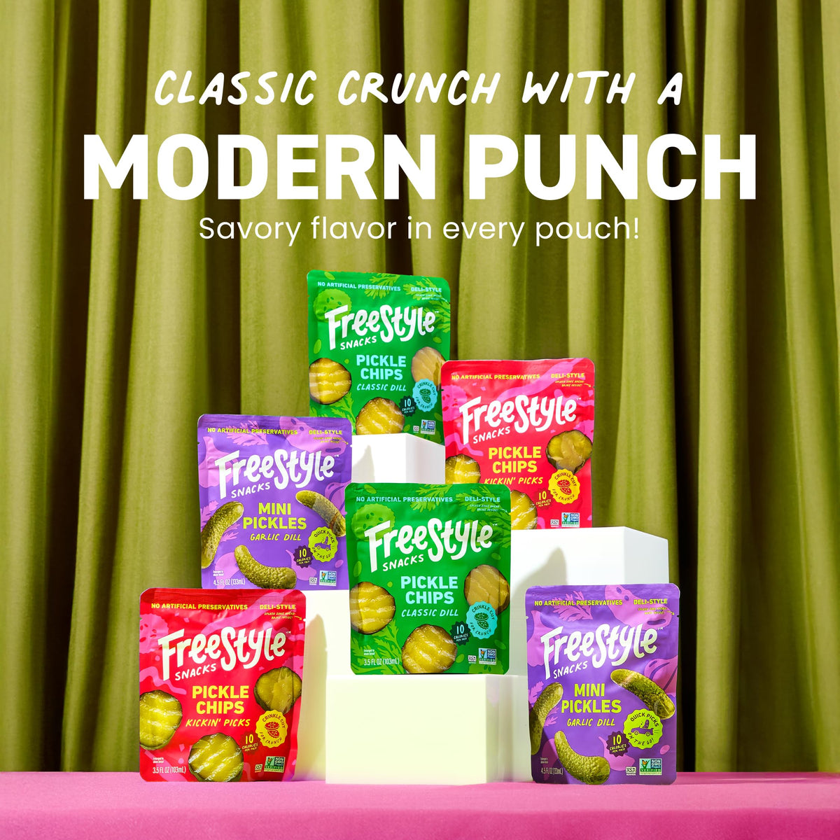 Freestyle Snacks pickle variety pack label highlights Non-GMO, gluten-free and kosher ingredients.