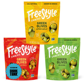 Freestyle Snacks pitted green olives pack, mess-free and ready-to-snack on the go