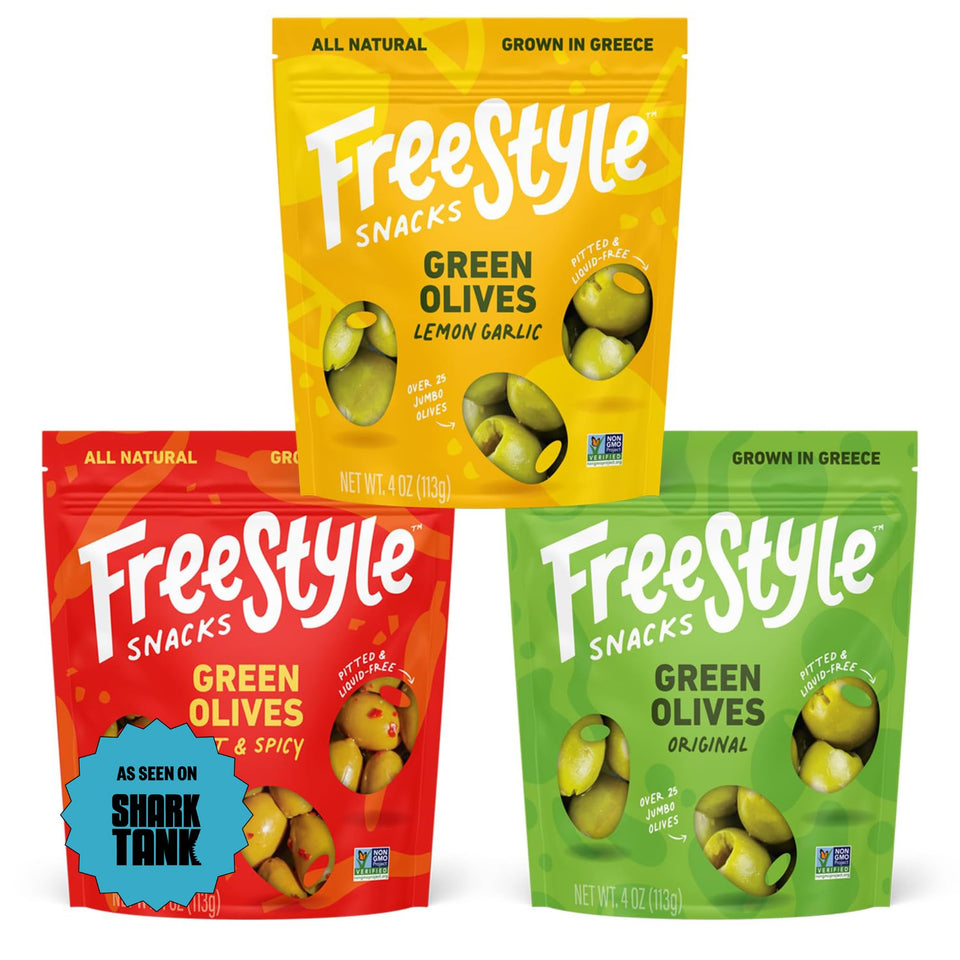 Freestyle Snacks pitted green olives pack, mess-free and ready-to-snack on the go