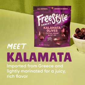 Freestyle Snacks resealable olive packs, convenient for picnics and lunchboxes.