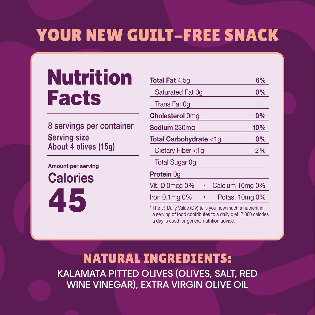 Freestyle Snacks simple ingredients: olives, EVOO, spices, clean label.