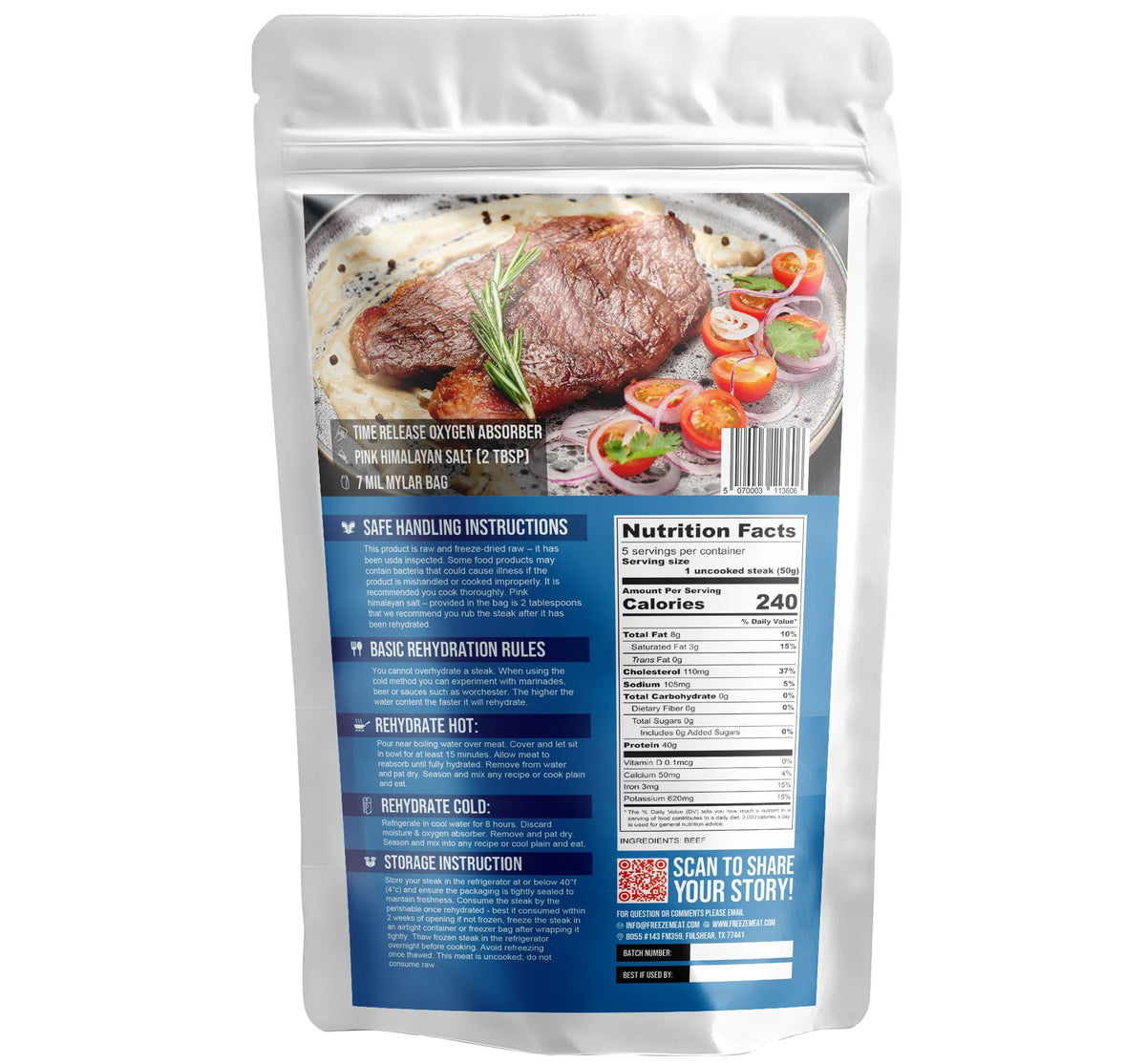 Freeze Meat sirloin steaks in 7mm Mylar bag highlighting maximum freshness