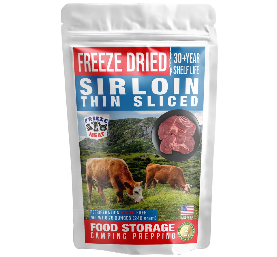 Freeze Meat sirloin steaks family pack showing portable, long-lasting protein option