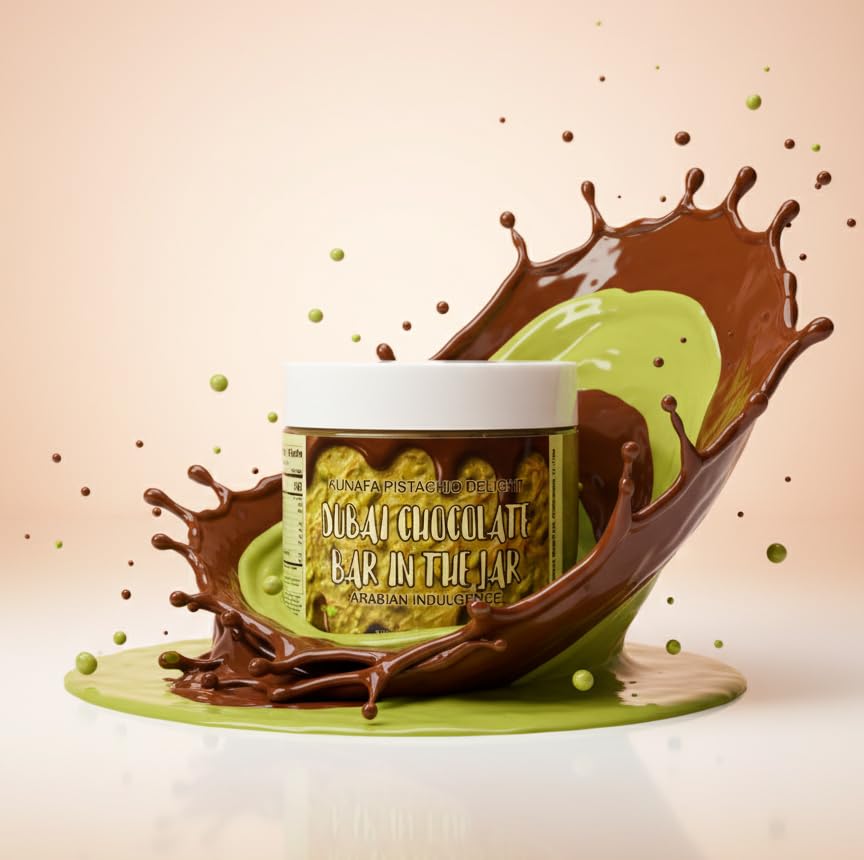 Freeze Munch Dubai Chocolate Jar dessert drizzle elevates pastries with pistachio-laced chocolate.