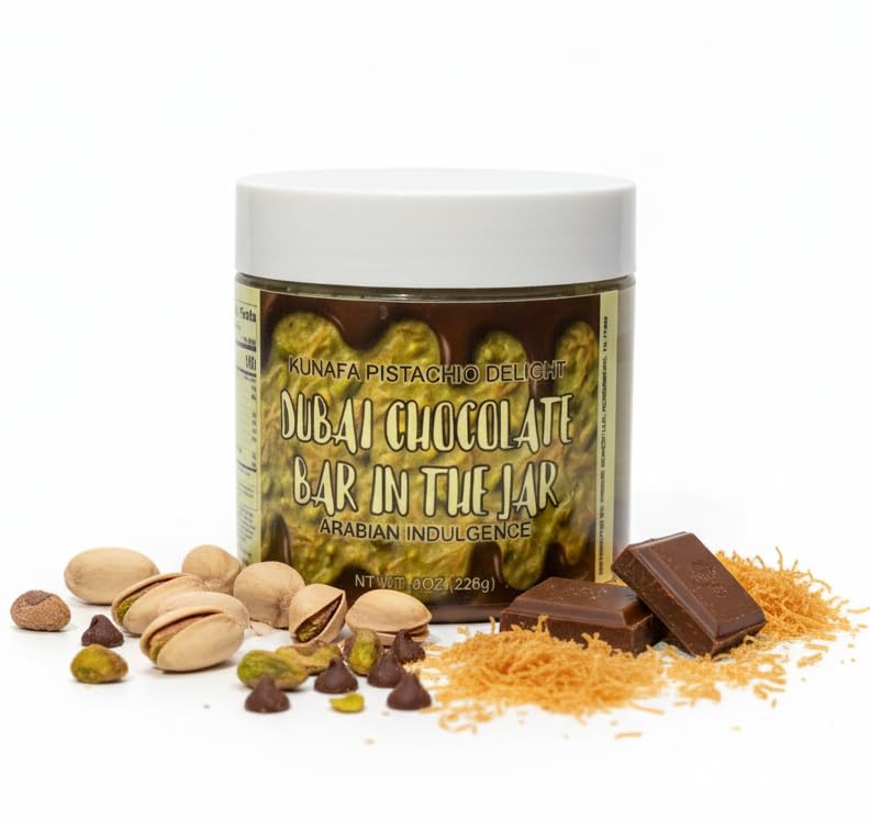 Freeze Munch Dubai Chocolate Jar with pistachio paste swirl for rich flavor on spoons.