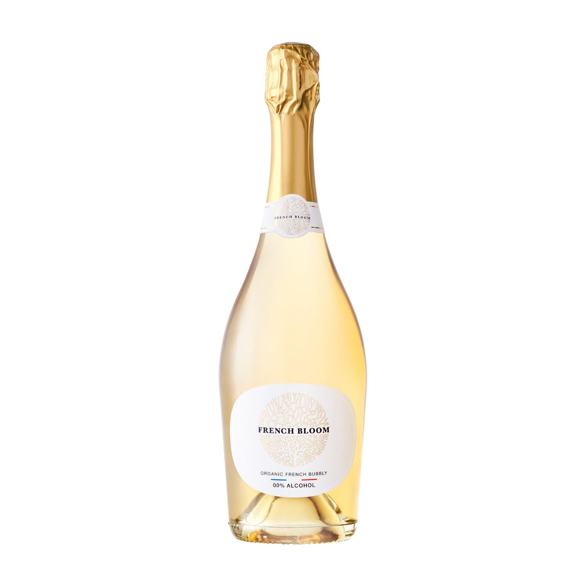 French Bloom Le Blanc bottle on a table, showcasing a clean, alcohol-free celebration option.