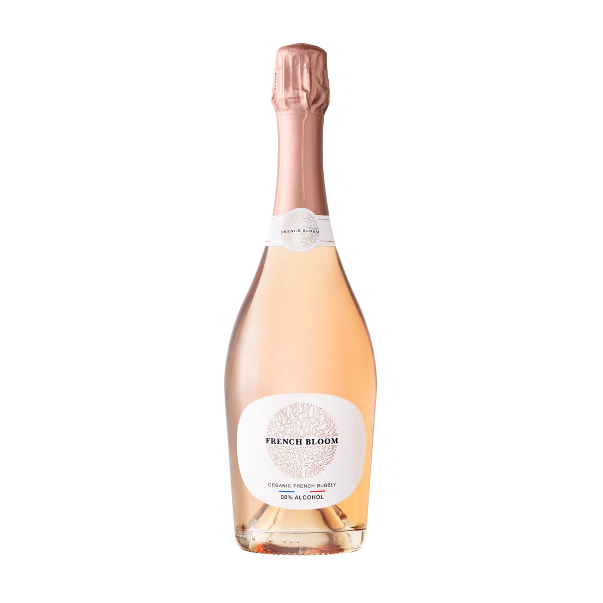 French Bloom Le Rosé bottle front highlighting organic, zero alcohol sparkling wine.