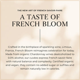 French Bloom table setup image, suggesting refined celebrations with zero-proof bubbles.