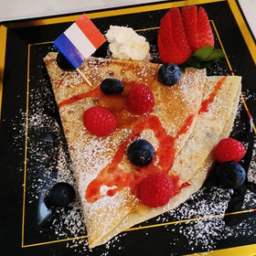 French Creperie toppings setup for sweet or savory crepes.