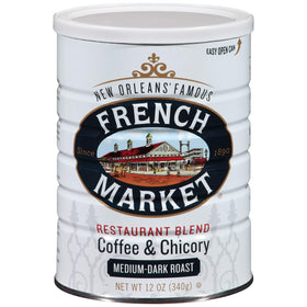 French Market Coffee & Chicory can front label, perfect for a bold New Orleans morning ritual.