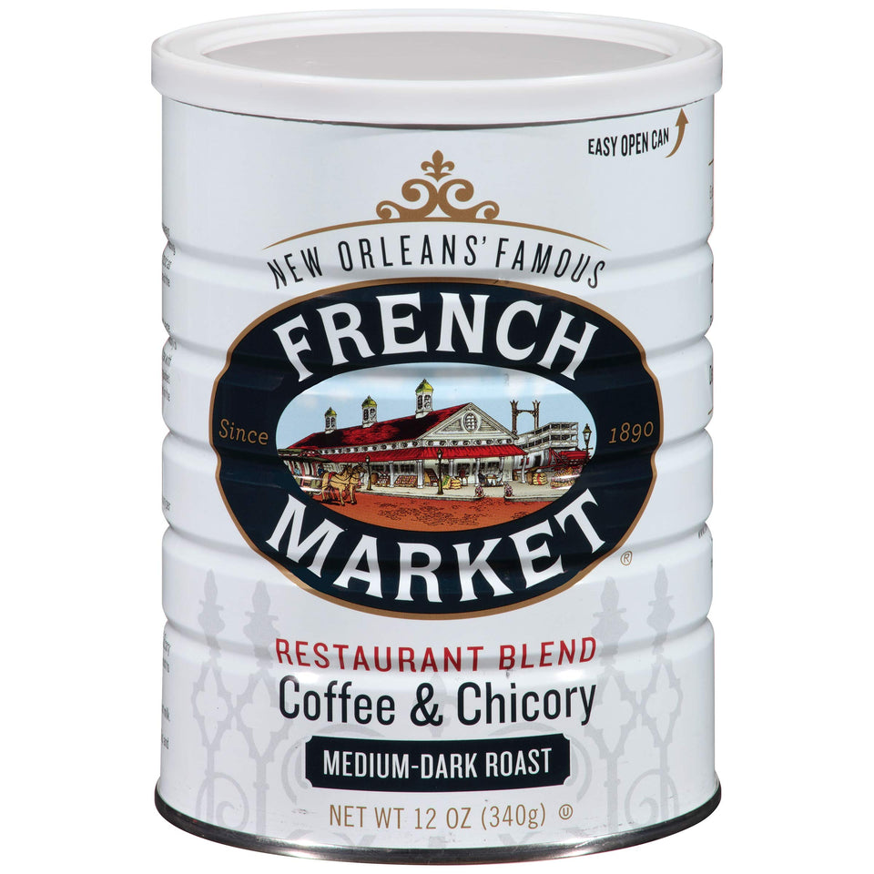 French Market Coffee & Chicory can front label, perfect for a bold New Orleans morning ritual.