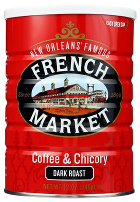 French Market Coffee & Chicory dark roast ground coffee 12oz bag with bold aroma and smooth finish