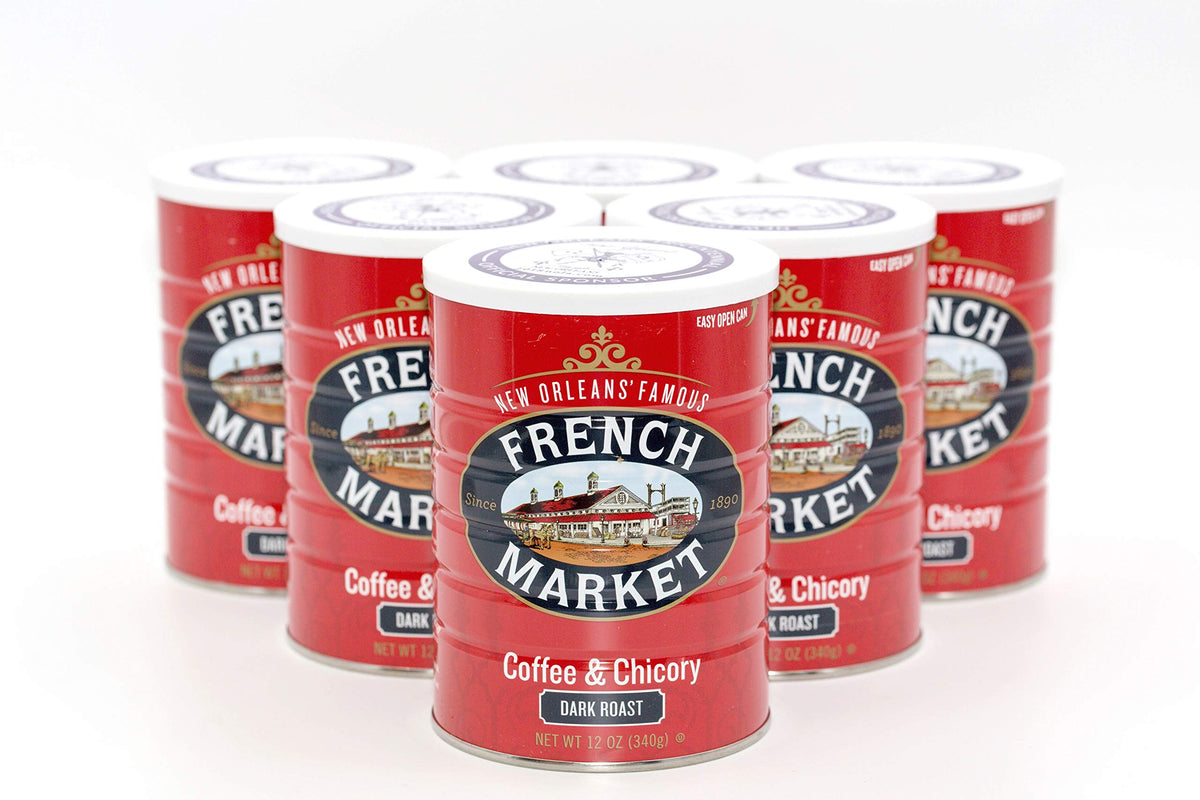 Six-pack packaging of French Market Coffee & Chicory dark roast for convenient bulk purchase