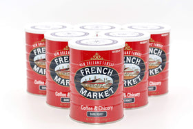Six-pack packaging of French Market Coffee & Chicory dark roast for convenient bulk purchase
