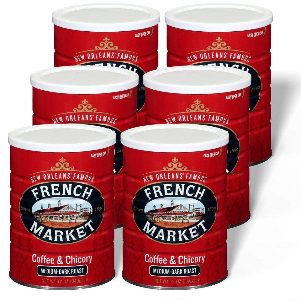 French Market Coffee & Chicory pack six cans for bold mornings.