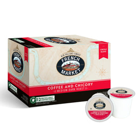 French Market Coffee and Chicory pods box front with bold Creole blend.