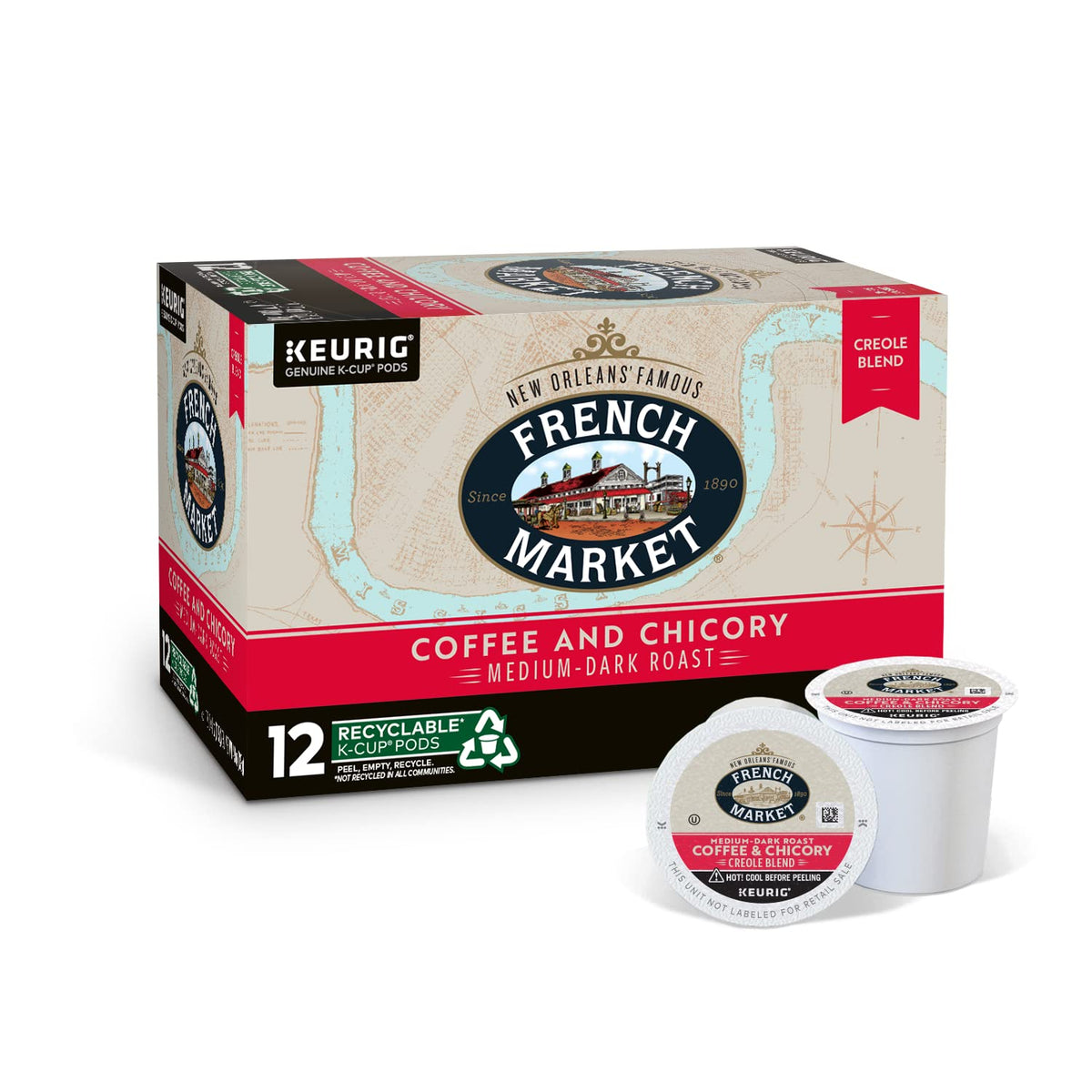 French Market Coffee chicory pods pack 4 in 12-count boxes showing bold, ready-to-brew format
