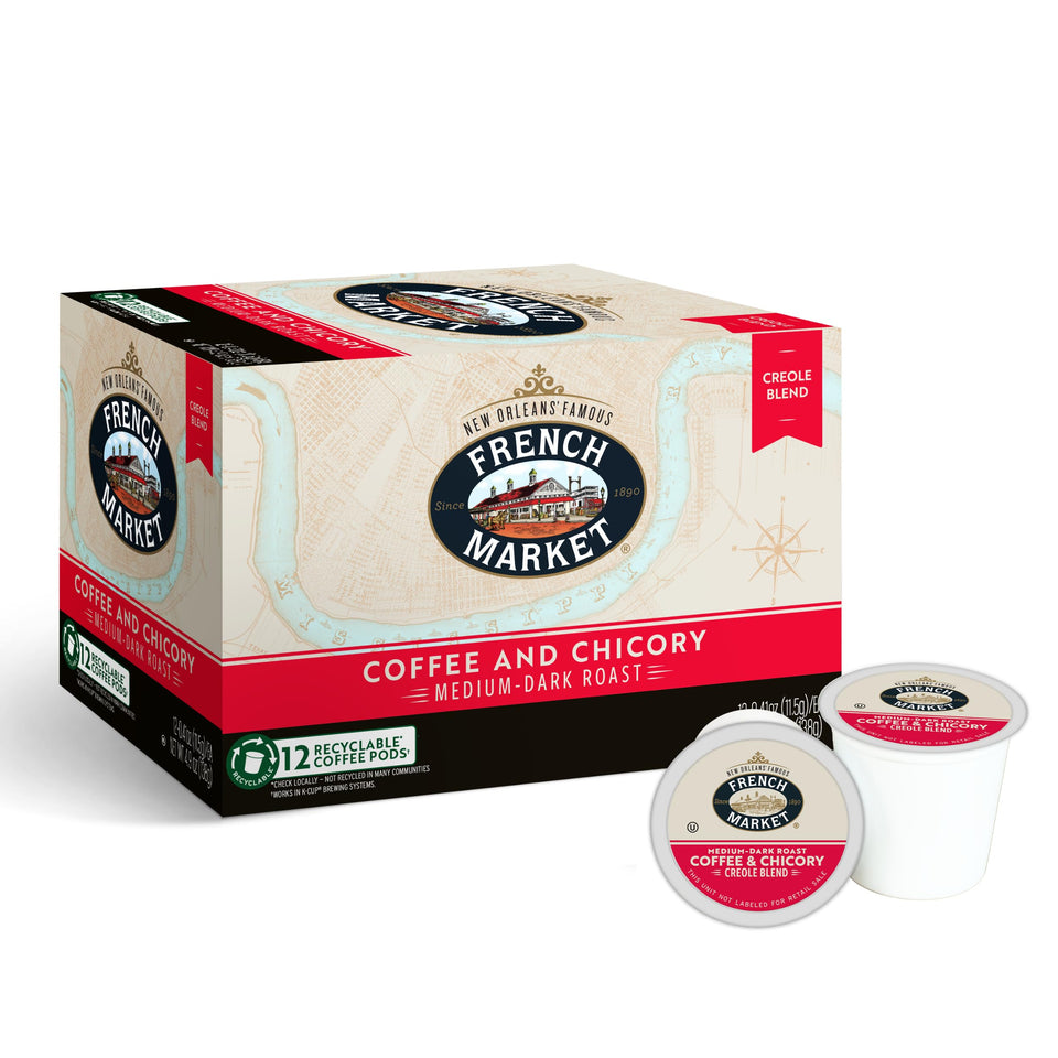 French Market Coffee & Chicory single-serve pod close-up for bold New Orleans flavor.