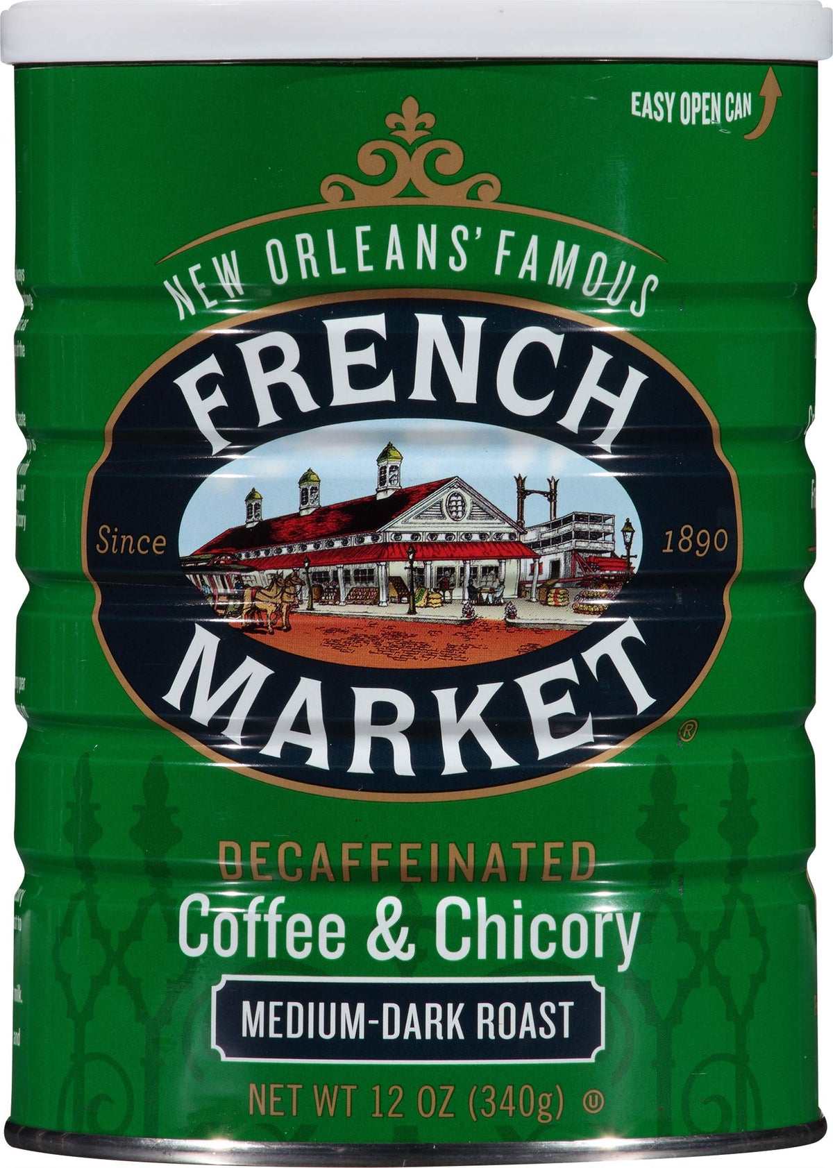 French Market decaf coffee chicory can, offering convenient caffeine-free flavor for daily enjoyment.