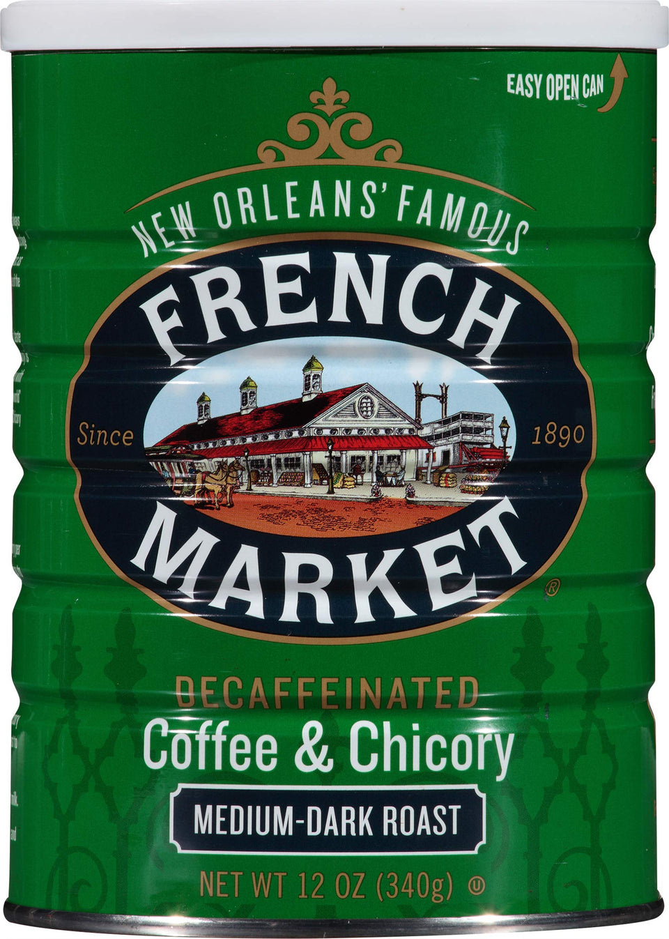 French Market decaf coffee chicory can, offering convenient caffeine-free flavor for daily enjoyment.