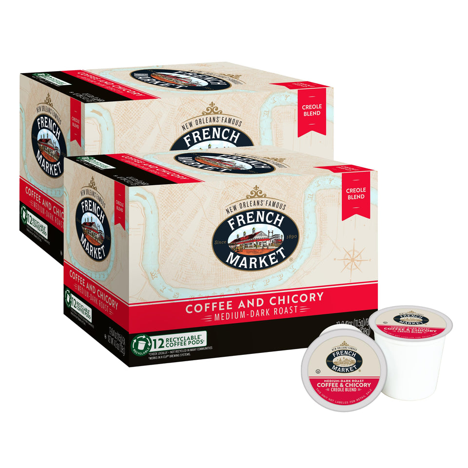 French Market single-serve pods packshot shows bold Creole chicory flavor, ideal for busy mornings.