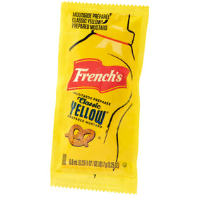 Close-up of French's mustard packet highlighting bright color for burgers and hot dogs