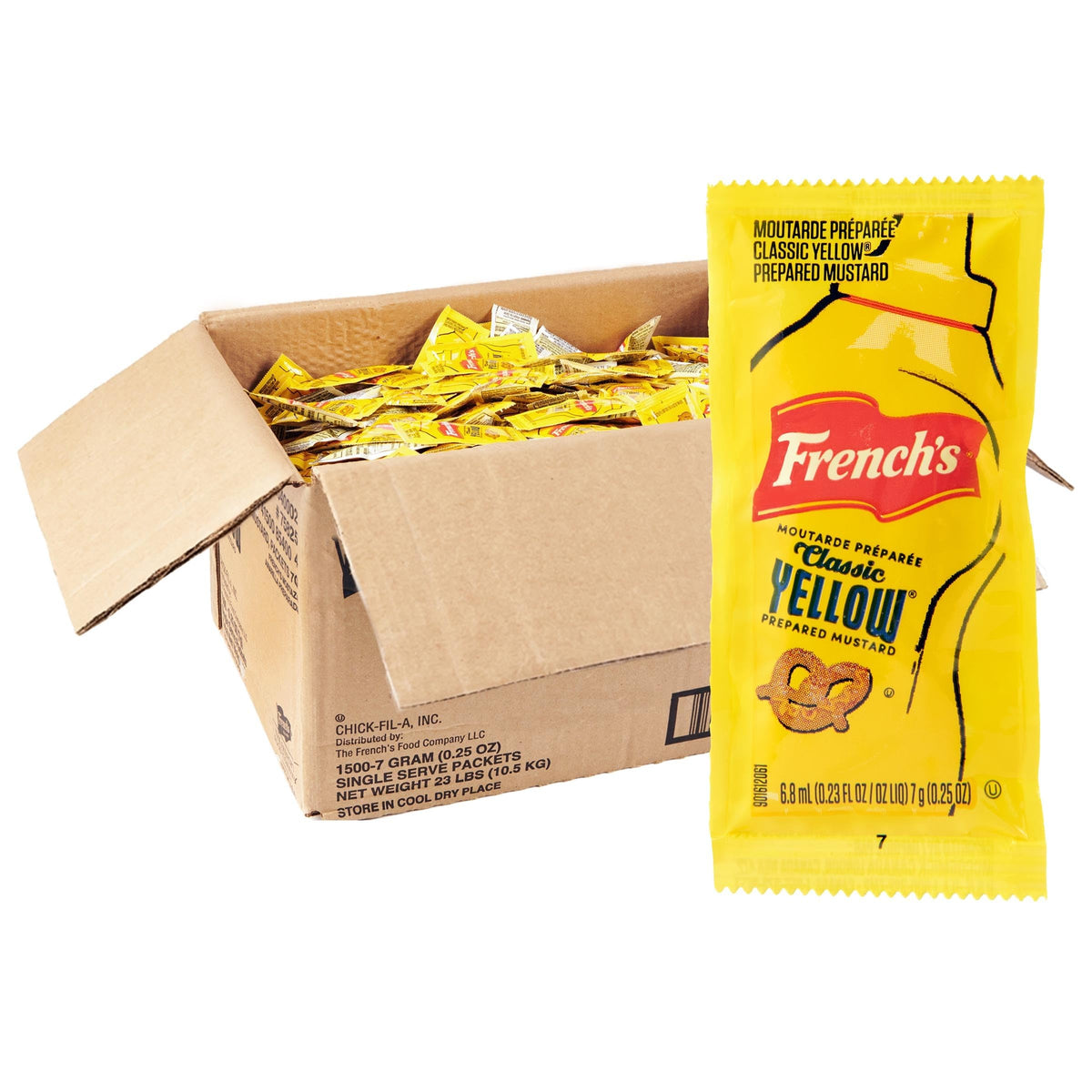 French's Classic Yellow Mustard packet ready for takeout, ideal for single-serve orders