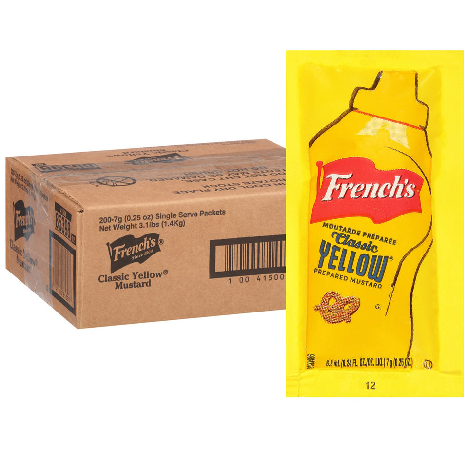 French's Classic Yellow Mustard packets, 7 g, for quick orders.