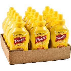 French's Classic Yellow Mustard squeeze bottle on a table for quick serving