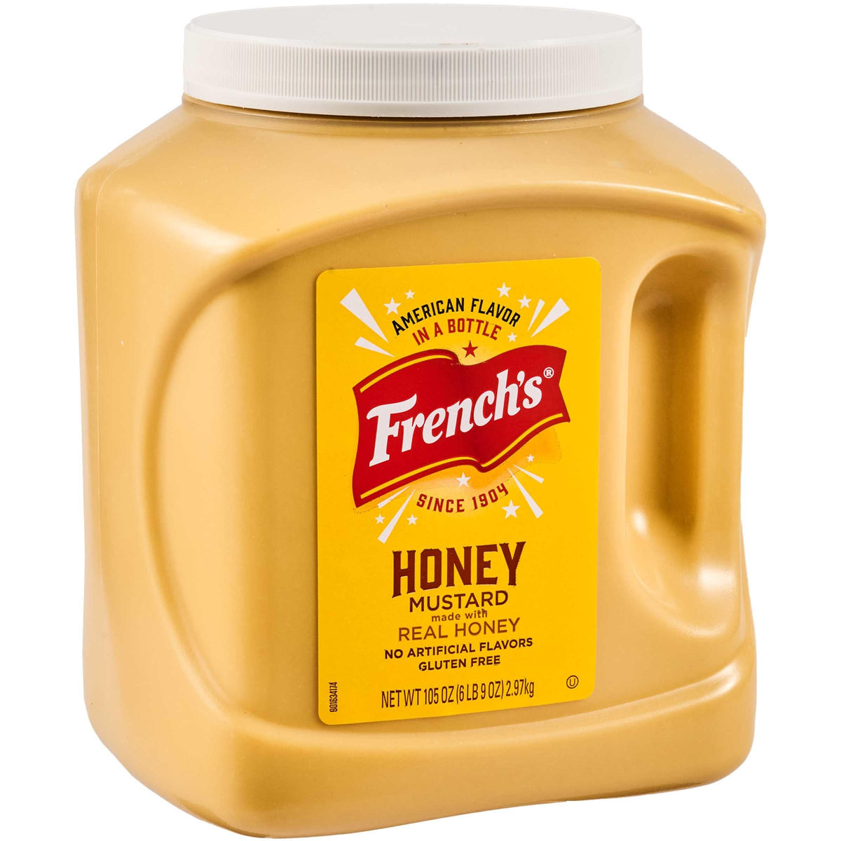 French's Honey Mustard 105oz container shown, ideal for dipping and spreading in busy kitchens