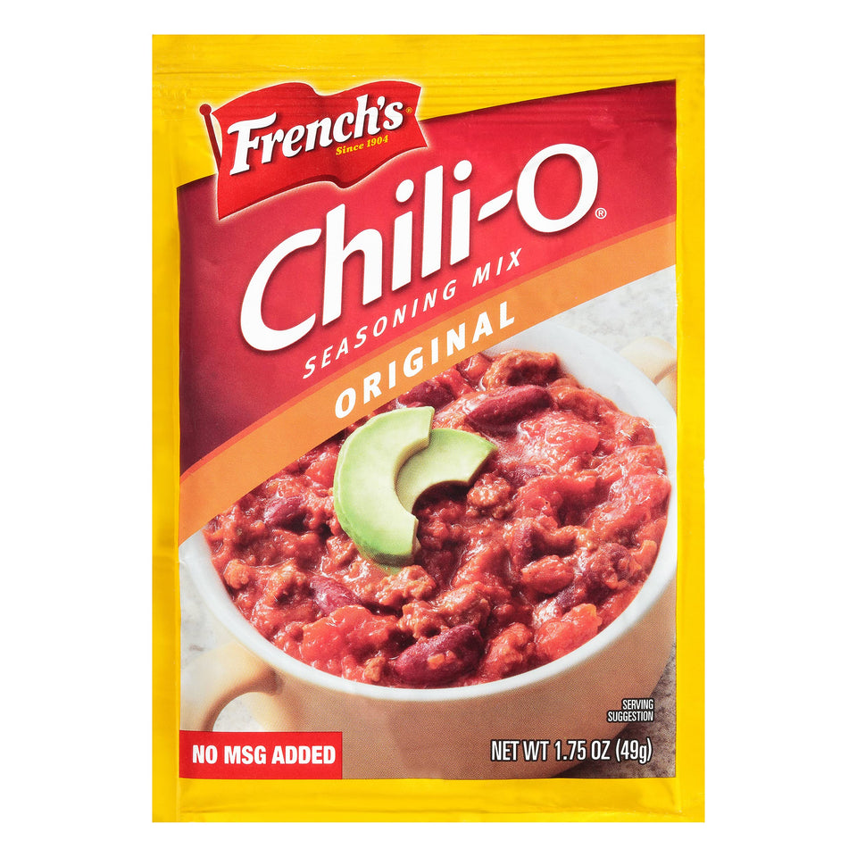 French's Chili-O seasoning mix in front of the jar, ready to flavor a hearty chili.
