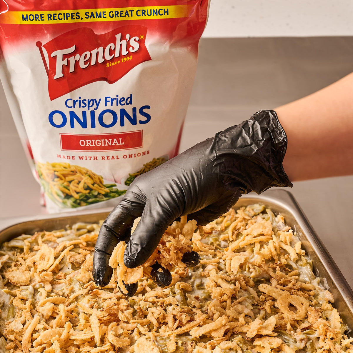 Green bean casserole topped with French's Crispy Fried Onions