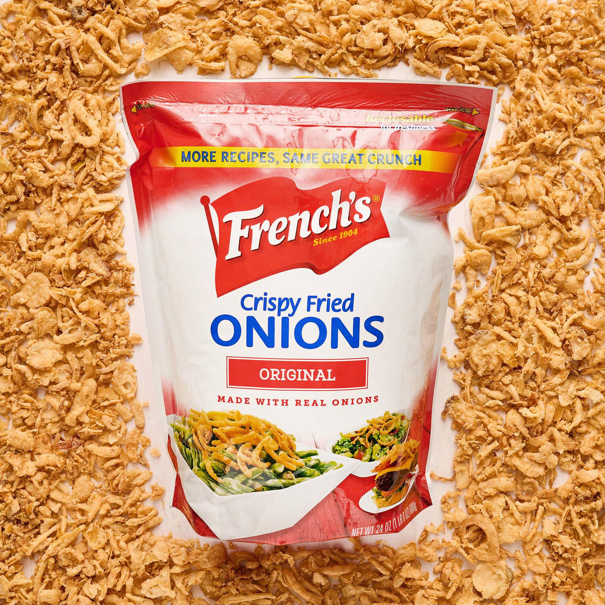 Resealable pouch of French's Crispy Fried Onions keeps freshness