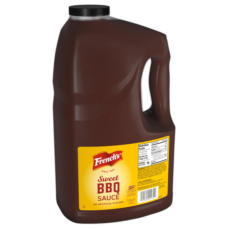 French's Sweet BBQ Sauce bottle on a counter, ready to glaze dishes.