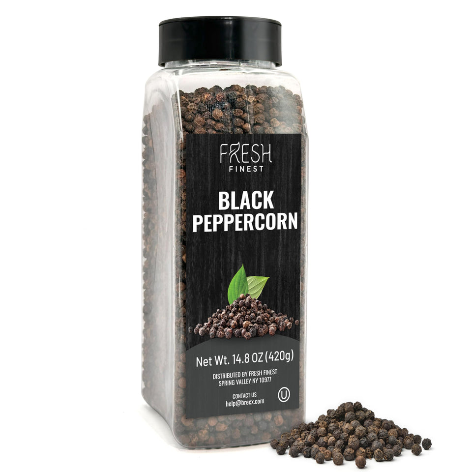 Fresh Finest Black Peppercorns bottle pour for quick seasoning and aroma.