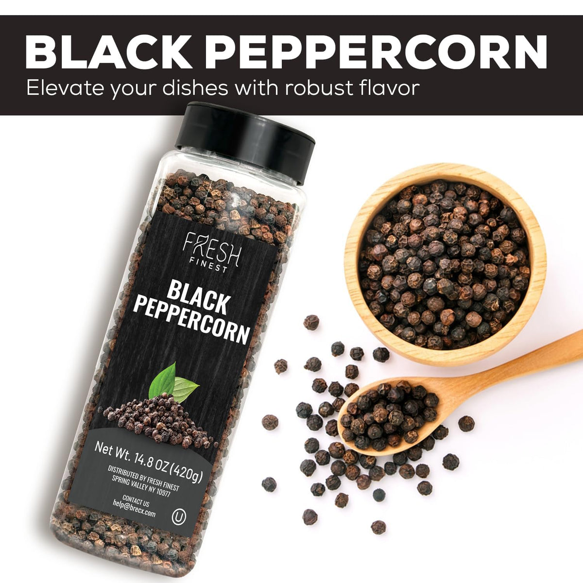 Fresh Finest Black Peppercorns packaging 14oz preserves freshness for meals.